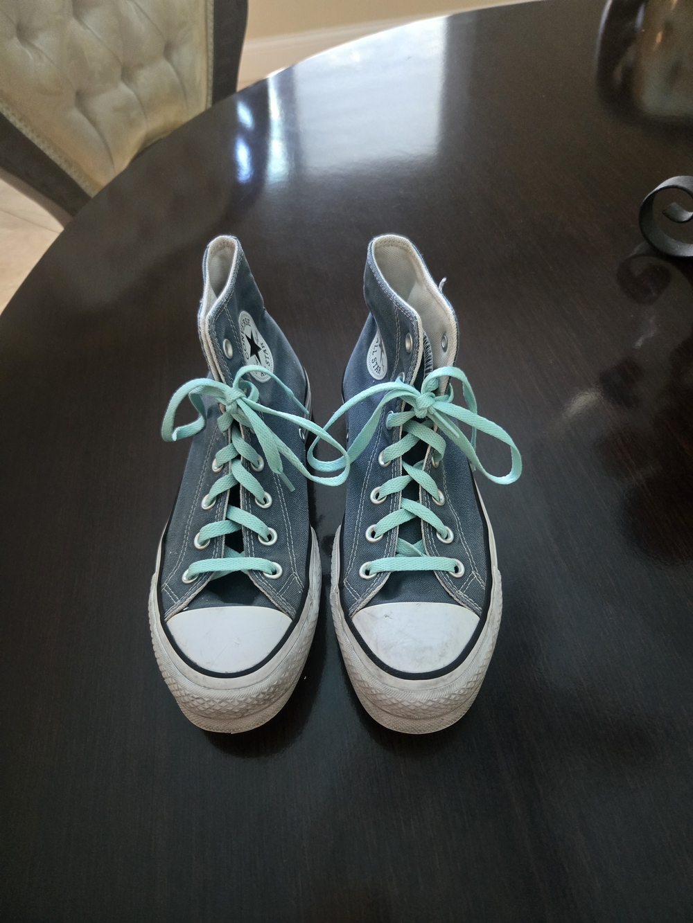 Women High-Top Converse Chuck Taylor Sneakers in Denim Blue with Mint Laces